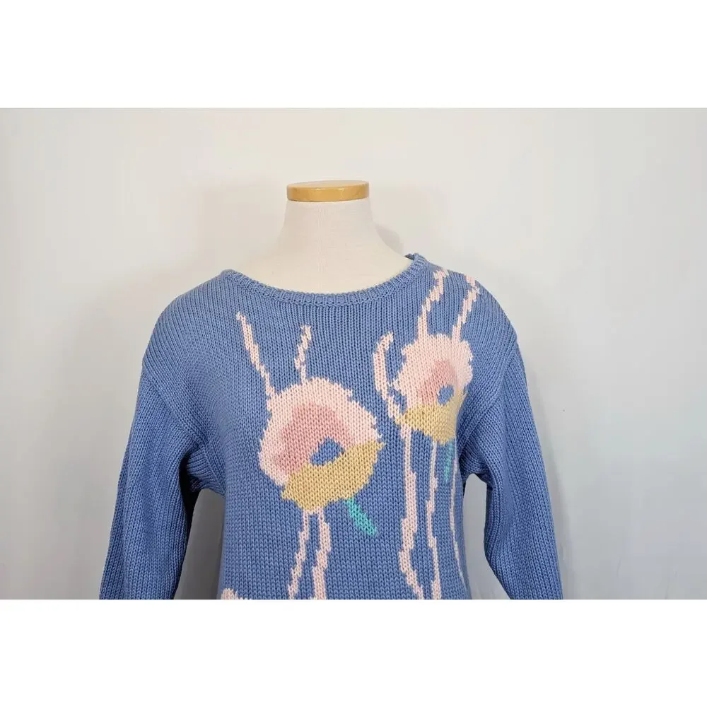 Vintage 80s Sweater Periwinkle Blue Floral Knit Hand Loomed Women's Size S - Picture 2 of 7